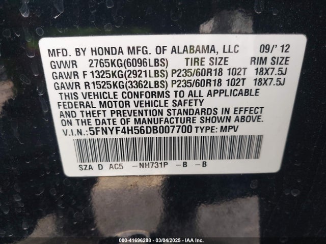Aukcja sprzedaży 2013 Honda Pilot Ex-l, vin: 5FNYF4H56DB007700, numer aukcji: 41696288