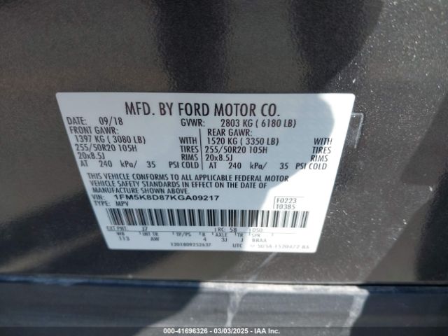 1FM5K8D87KGA09217 Ford 3.5l ti-vct