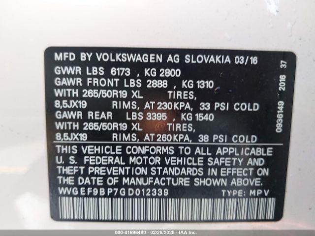 2016 VOLKSWAGEN TOUAREG WVGEF9BP7GD012339 Photo 8