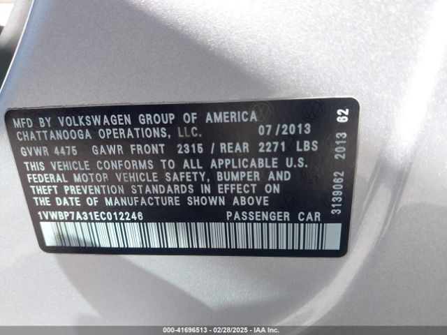 1VWBP7A31EC012246 Volkswagen Passat 2.5l Se