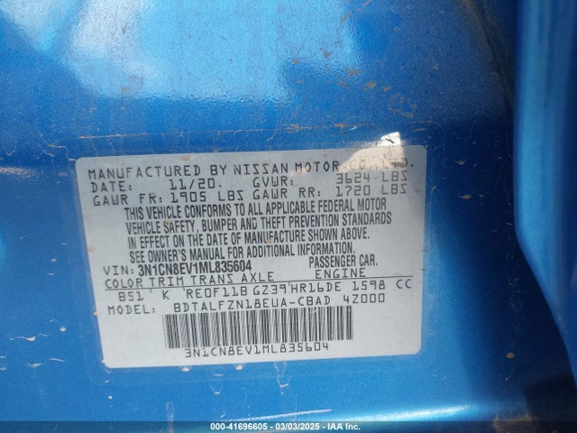 3N1CN8EV1ML835604 Nissan Versa Sv Xtronic Cvt