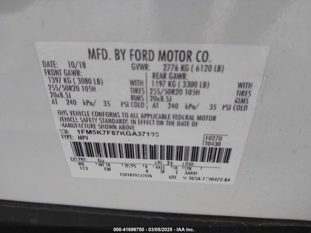 1FM5K7F87KGA37106 Ford Explorer Limited