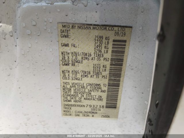1N6DD0ER6KN793238 Nissan Frontier Sv