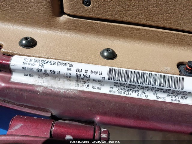 Aukcja sprzedaży 2002 Jeep Wrangler Sport, vin: 1J4FA49S82P701649, numer aukcji: 41696910