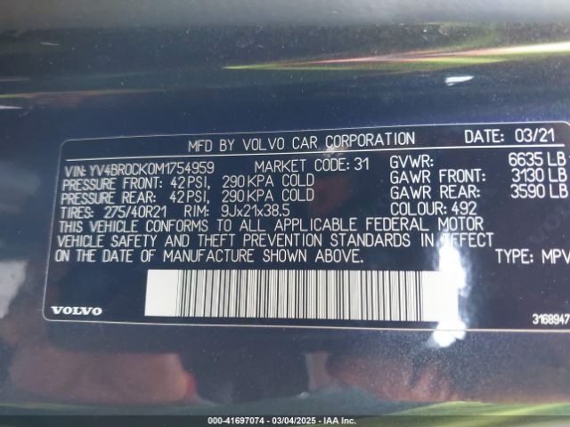 YV4BR0CK0M1754959 Volvo Xc90 Recharge Plug-in Hybrid T8 Inscription Expression 7 Passenger