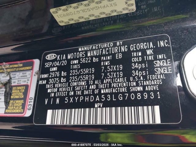 5XYPHDA53LG708931 KIA Sorento 3.3l Ex
