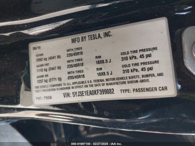 5YJ3E1EA0KF399082 Tesla Model 3 Long Range/mid Range/standard Range/standard Range Plus