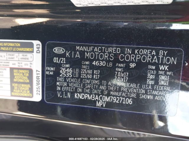 KNDPM3AC0M7927106 KIA Sportage Lx