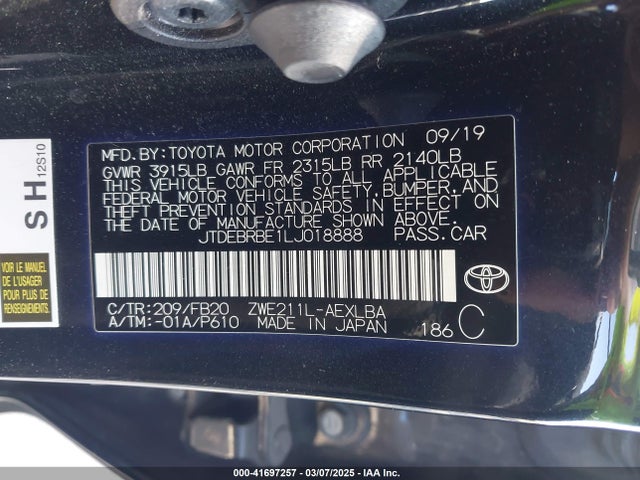 Toyota Corolla Hybrid Le 2020 JTDEBRBE1LJ018888 Image 9