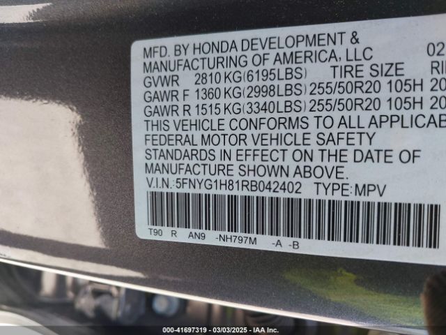5FNYG1H81RB042402 Honda Pilot Elite