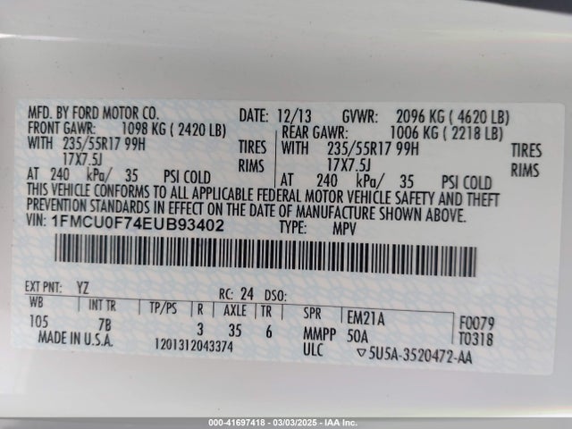 1FMCU0F74EUB93402 Ford ESCAPE S