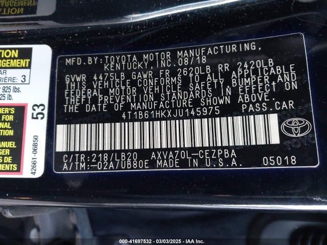 4T1B61HKXJU145975 Toyota CAMRY XSE
