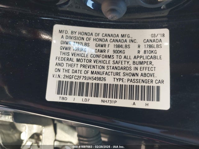 Honda CIVIC EX 2018 2HGFC2F79JH549826 Image 9