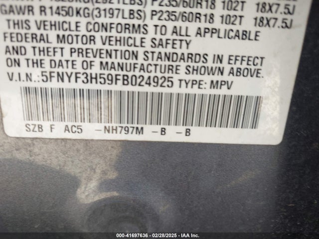 5FNYF3H59FB024925 Honda Pilot Ex-l