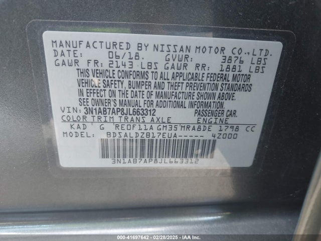 3N1AB7AP8JL663312 Nissan SENTRA SV