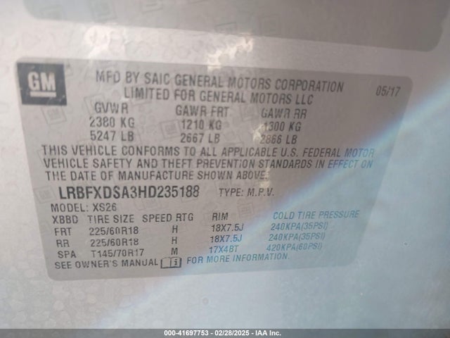 41697753 :رقم المزاد ، LRBFXDSA3HD235188 vin ، 2017 Buick Envision Essence مزاد بيع