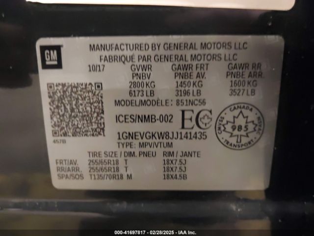 1GNEVGKW8JJ141435 Chevrolet Traverse 1lt