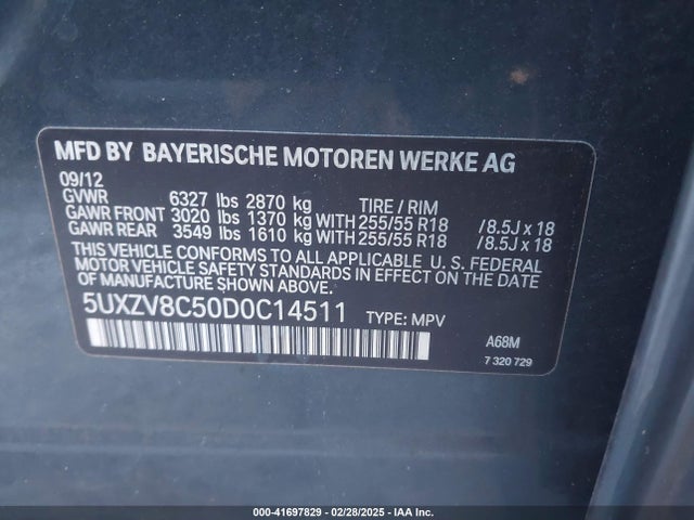 41697829 :رقم المزاد ، 5UXZV8C50D0C14511 vin ، 2013 Bmw X5 Xdrive50i مزاد بيع