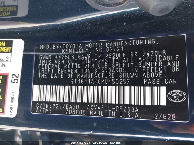 4T1G11AK0MU450257 Toyota CAMRY SE