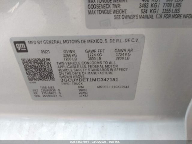 3GCUYDET1MG347181 Chevrolet Silverado 1500 4wd  Short Bed Lt