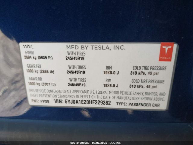 5YJSA1E20HF229362 Tesla Model S 100d/60d/75d/90d/p100d