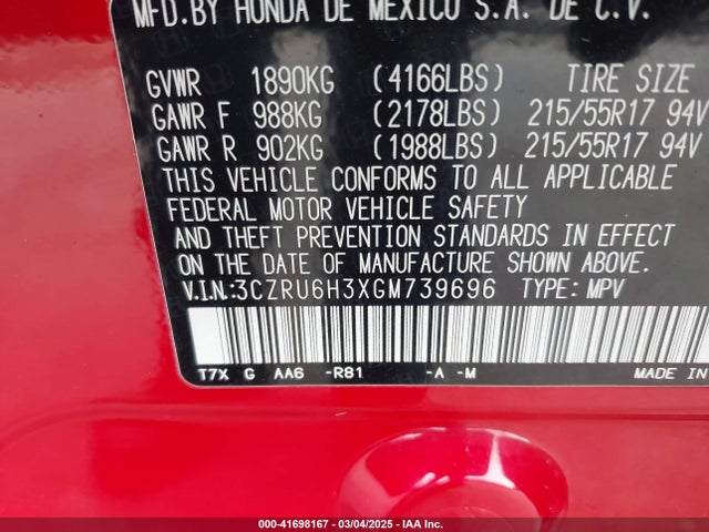 3CZRU6H3XGM739696 Honda HR-V LX