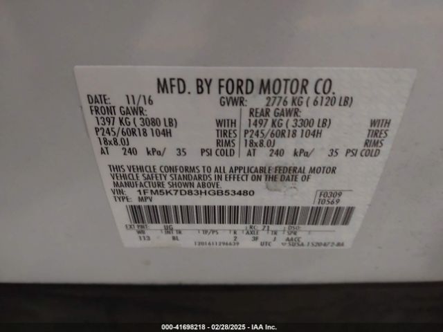 1FM5K7D83HGB53480 Ford EXPLORER XLT