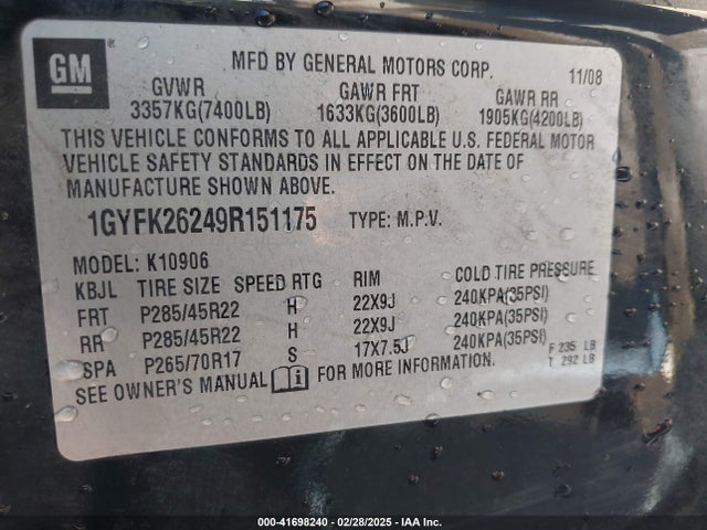 2009 CADILLAC ESCALADE ESV 1GYFK26249R151175 Photo 8