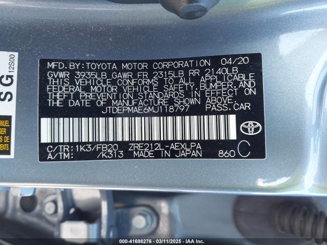JTDEPMAE6MJ118797 Toyota COROLLA LE