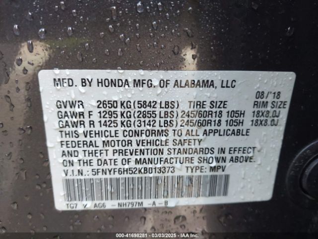 5FNYF6H52KB013373 Honda Pilot Ex-l