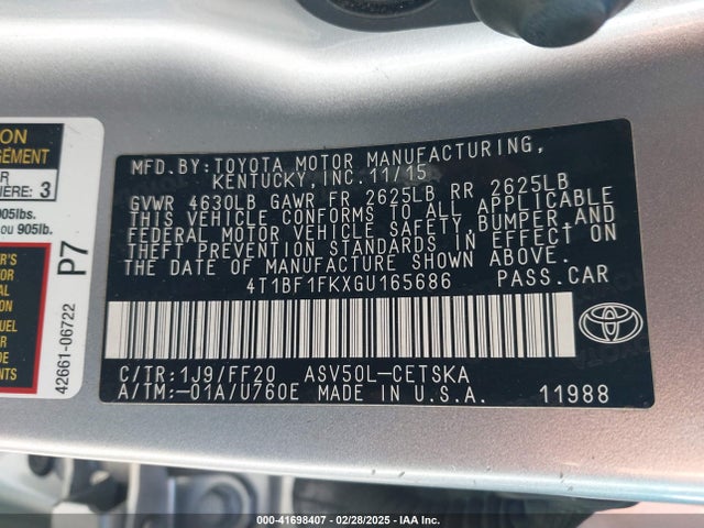 Toyota CAMRY SE 2016 4T1BF1FKXGU165686 Image 9