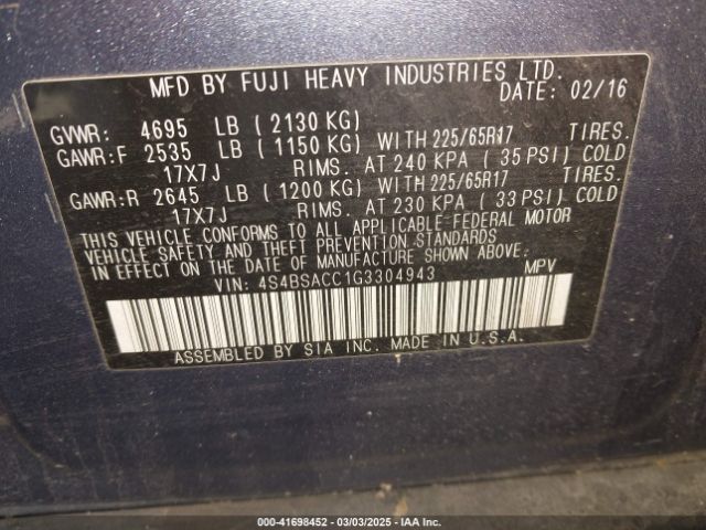 4S4BSACC1G3304943 Subaru Outback 2.5i Premium