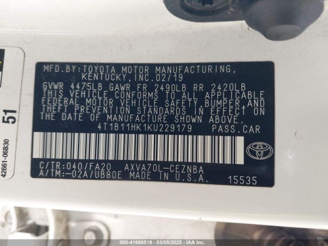 4T1B11HK1KU229179 Toyota CAMRY LE