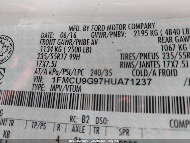 1FMCU9G97HUA71237 Ford ESCAPE SE
