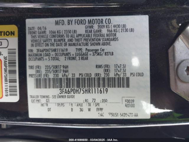 3FA6P0H75HR111619 Ford FUSION SE