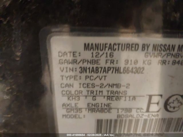 3N1AB7AP7HL664302 Nissan Sentra S/sl/sr/sv