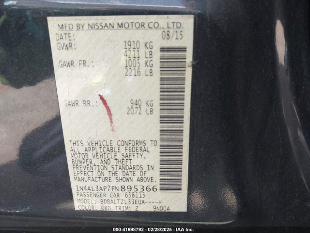 Nissan Altima 2.5 Sl 2015 1N4AL3AP7FN895366 Image 9