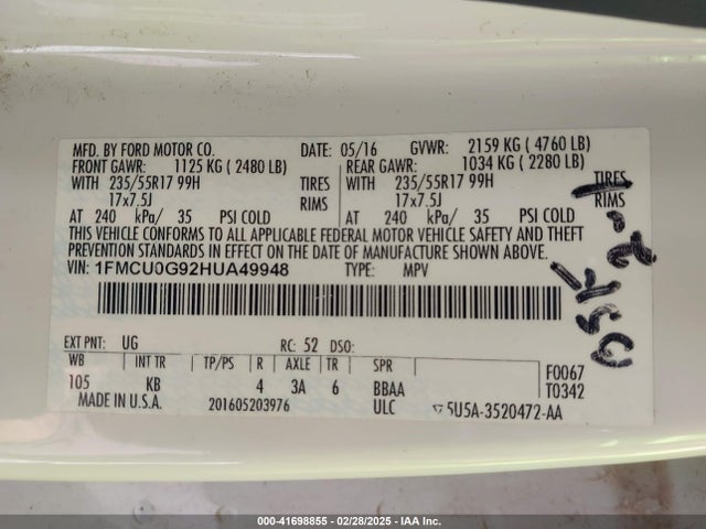 1FMCU0G92HUA49948 Ford ESCAPE SE
