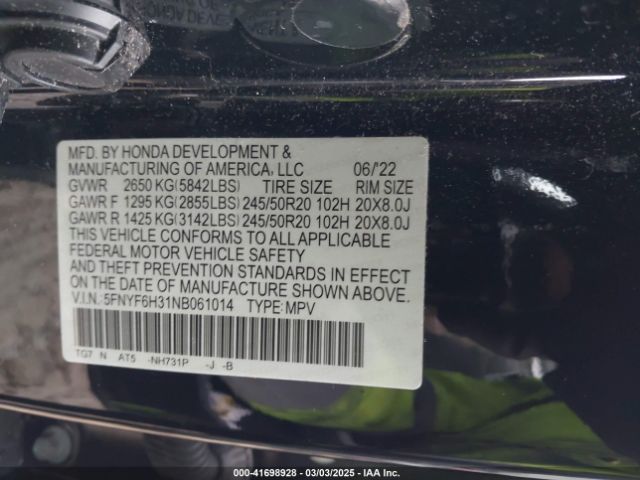 5FNYF6H31NB061014 Honda Pilot Awd Sport