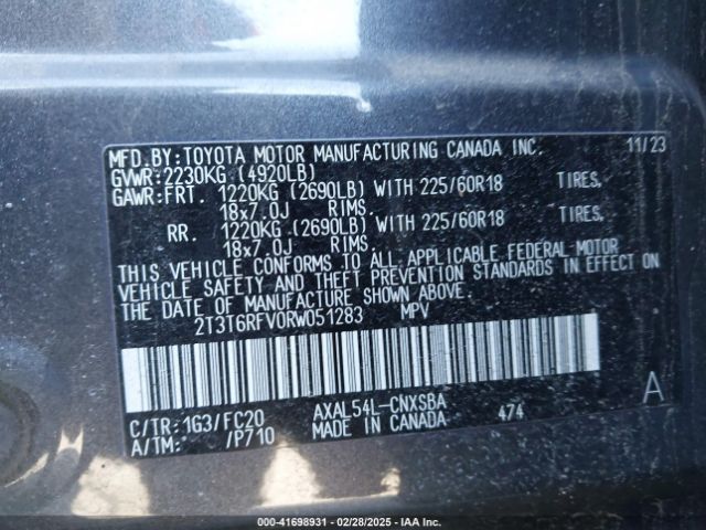 2T3T6RFV0RW051283 Toyota Rav4 Hybrid Se