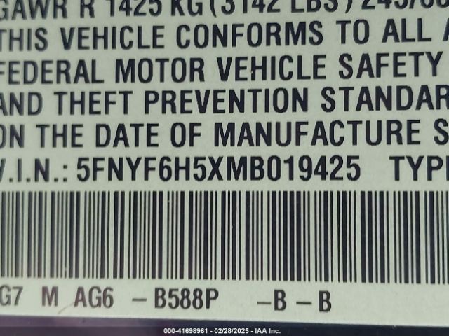 5FNYF6H5XMB019425 Honda Pilot Awd Ex-l