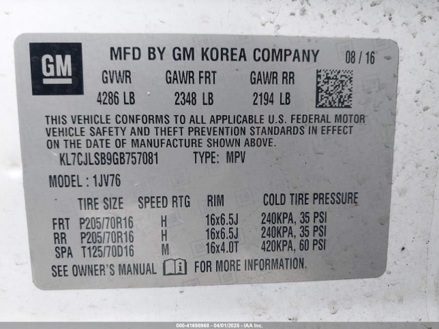 KL7CJLSB9GB757081 Chevrolet Trax Lt