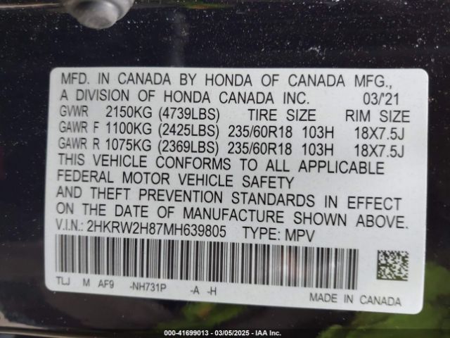 2HKRW2H87MH639805 Honda Cr-v Awd Ex-l
