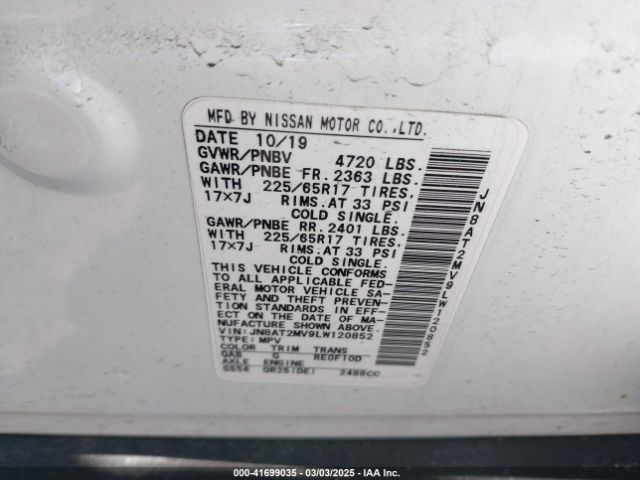 JN8AT2MV9LW120852 Nissan Rogue Sv Intelligent Awd