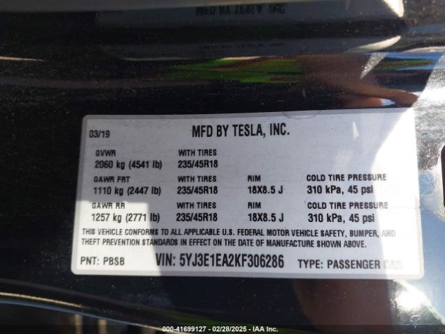 5YJ3E1EA2KF306286 Tesla Model 3 Long Range/mid Range/standard Range/standard Range Plus