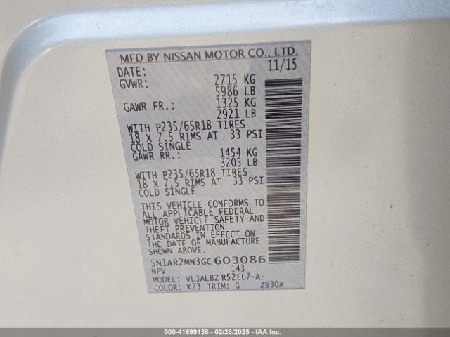 5N1AR2MN3GC603086 Nissan Pathfinder Platinum/s/sl/sv