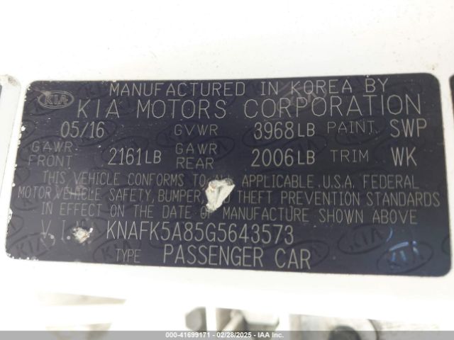 KNAFK5A85G5643573 KIA Forte 5-door Lx