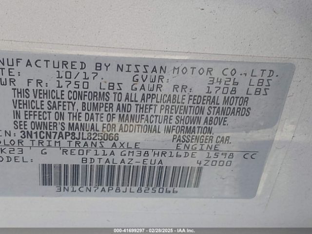 3N1CN7AP8JL825066 Nissan Versa 1.6 S+