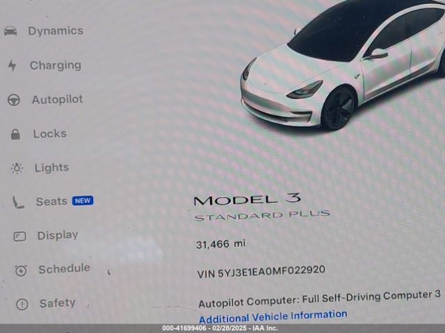 5YJ3E1EA0MF022920 Tesla Model 3 Standard Range Plus Rear-wheel Drive