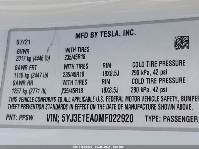 5YJ3E1EA0MF022920 Tesla Model 3 Standard Range Plus Rear-wheel Drive